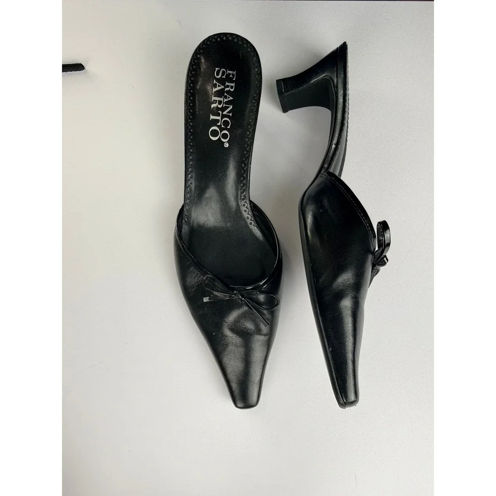 Franco Sarto Black Leather Bow Square Toe Mule Heels Size 8.5M Y2K Balletcore